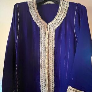 Moroccan authentic hand made Caftan in a chic classy blue- comes with gold belt.